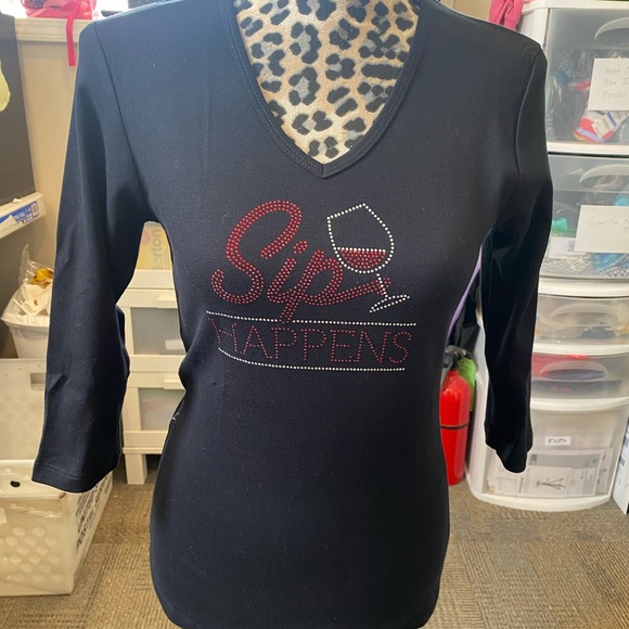 Sip Happens Wine 3/4 Sleeves V Neck T-Shirt New - Picture 2 of 3